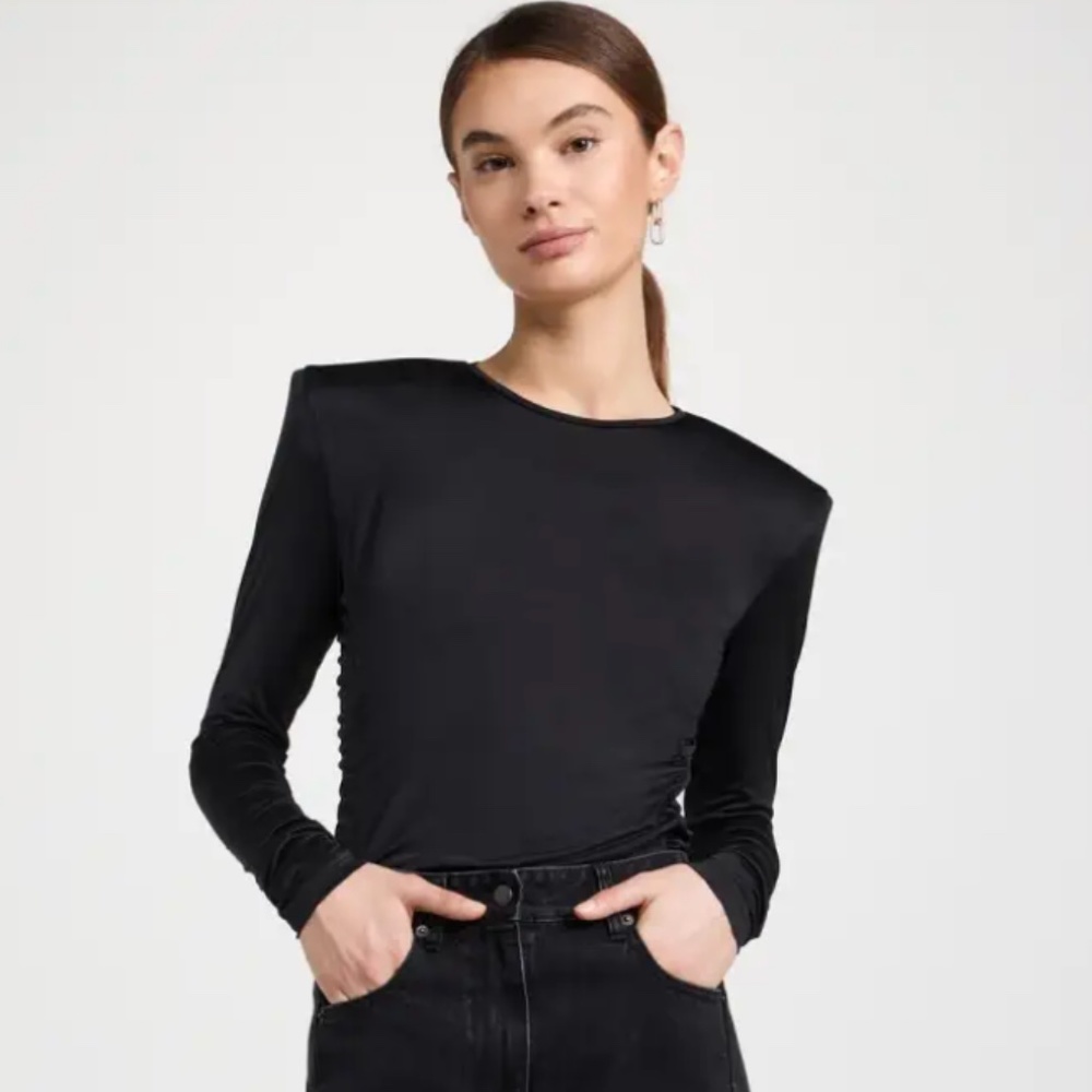 Tibi Micro Jersey Shoulderpad Fitted Crewneck Top [Like New, L, Black]